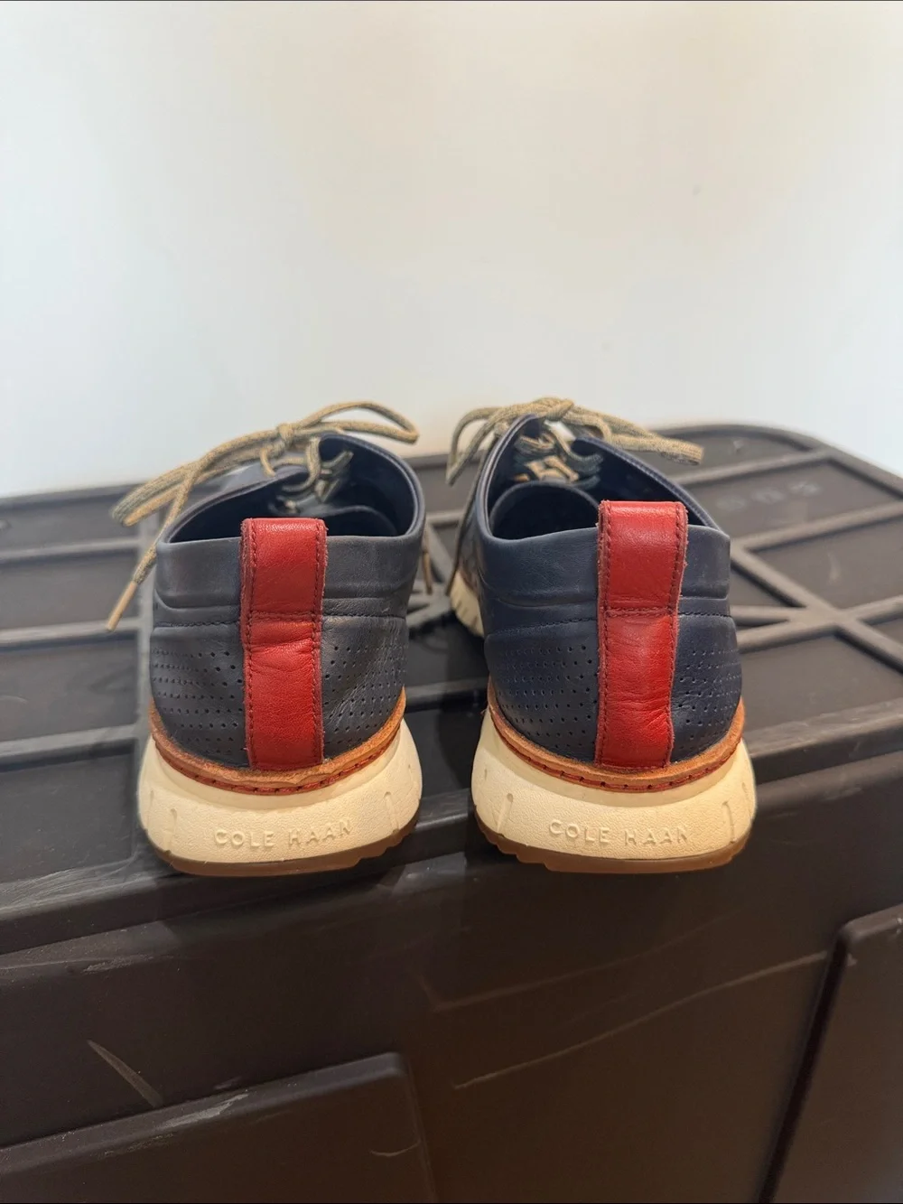 Cole Haan Navy Perforated Leather Oxfords with Tan Laces and Red Heel Tabs